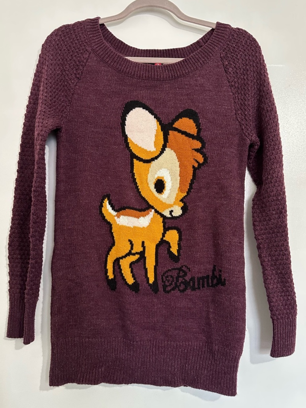 H&M DIVIDED DISNEY Retro Bambi Long Line Knit Plum Sweater Tunic Size 2 EUC